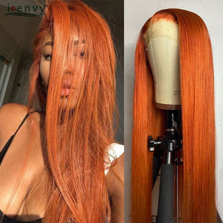 MID Length | 20-26 Inch | 180 Density | Straight Hair | Brown Orange Human Hair | - Elite Wigs
