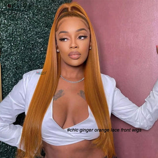 MID Length | 20-26 Inch | 180 Density | Straight Hair | Brown Orange Human Hair | - Elite Wigs