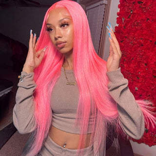 MID Length | 20-26 Inch | 180 Density | Straight Hair | Neon Pink Human Hair | - Elite Wigs