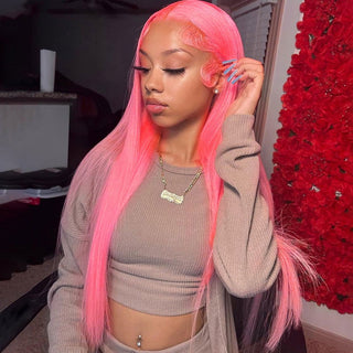 MID Length | 20-26 Inch | 180 Density | Straight Hair | Neon Pink Human Hair | - Elite Wigs