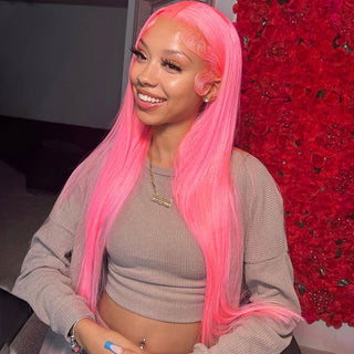 MID Length | 20-26 Inch | 180 Density | Straight Hair | Neon Pink Human Hair | - Elite Wigs