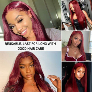 MID Length | 20-26 Inch | 250 Density | Straight Hair | Burgundy Red Human Hair | - Elite Wigs