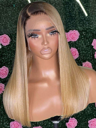 MID Length | 20-26 Inch | Black Roots | Ombre | 180 Density | Straight Hair | Honey Blonde Human Hair | - Elite Wigs