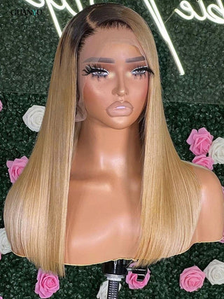 MID Length | 20-26 Inch | Black Roots | Ombre | 180 Density | Straight Hair | Honey Blonde Human Hair | - Elite Wigs