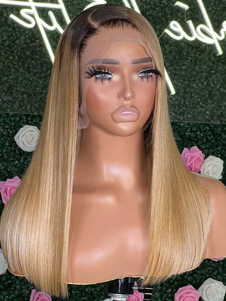 MID Length | 20-26 Inch | Black Roots | Ombre | 180 Density | Straight Hair | Honey Blonde Human Hair | - Elite Wigs