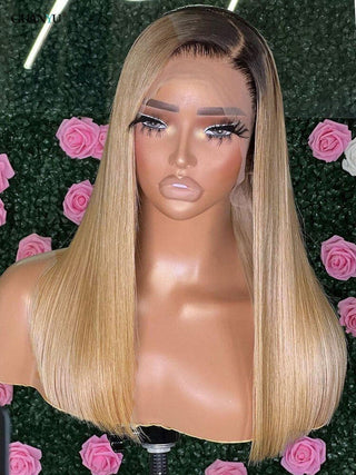 MID Length | 20-26 Inch | Black Roots | Ombre | 180 Density | Straight Hair | Honey Blonde Human Hair | - Elite Wigs