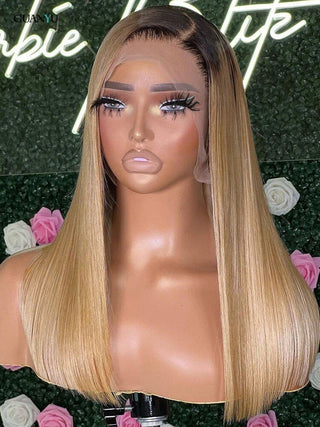 MID Length | 20-26 Inch | Black Roots | Ombre | 180 Density | Straight Hair | Honey Blonde Human Hair | - Elite Wigs