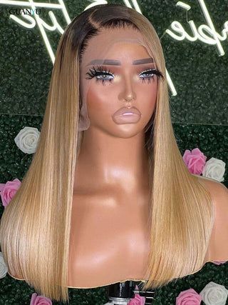 MID Length | 20-26 Inch | Black Roots | Ombre | 180 Density | Straight Hair | Honey Blonde Human Hair | - Elite Wigs
