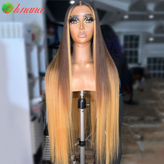 MID Length | 20-26 Inch | Brown Roots | Ombre | 180 Density | Straight Hair | Honey Blonde Human Hair | - Elite Wigs