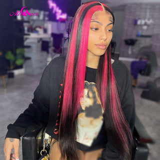 MID Length | 20-26 Inch | Full Highlights | 180 Density | Straight Hair | Hot Ruby Pink & Black Chess Human Hair | - Elite Wigs