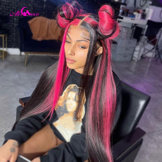 MID Length | 20-26 Inch | Full Highlights | 180 Density | Straight Hair | Hot Ruby Pink & Black Chess Human Hair | - Elite Wigs