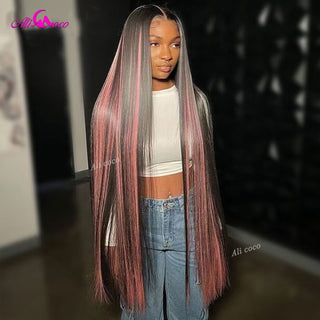 MID Length | 20-26 Inch | Highlights | 180 Density | Straight Hair | Black & Light Pink Human Hair | - Elite Wigs