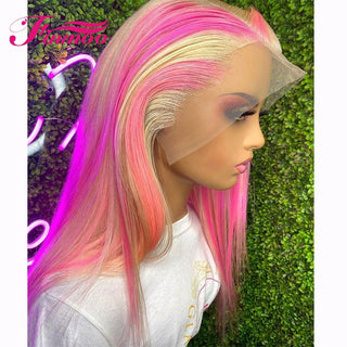 MID Length | 20-26 Inch | Highlights | 180 Density | Straight Hair | Blonde & Pink Human Hair | - Elite Wigs