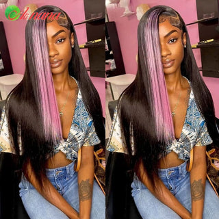 MID Length | 20-26 Inch | Highlights | 180 Density | Straight Hair | Bubblegum Pink & Black Human Hair | - Elite Wigs