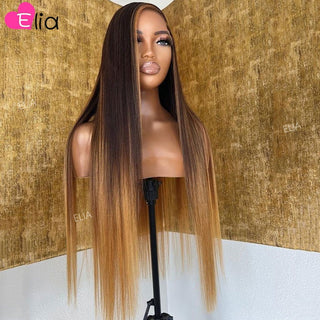 MID Length | 20-26 Inch | Highlights | 180 Density | Straight Hair | Chocolate Brown with Single Blonde Highlight Human Hair | - Elite Wigs