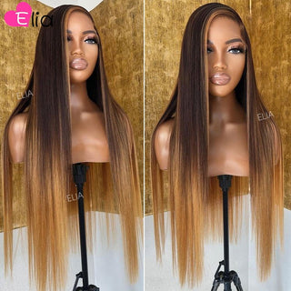 MID Length | 20-26 Inch | Highlights | 180 Density | Straight Hair | Chocolate Brown with Single Blonde Highlight Human Hair | - Elite Wigs