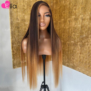 MID Length | 20-26 Inch | Highlights | 180 Density | Straight Hair | Chocolate Brown with Single Blonde Highlight Human Hair | - Elite Wigs