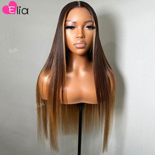 MID Length | 20-26 Inch | Highlights | 180 Density | Straight Hair | Chocolate Brown with Single Blonde Highlight Human Hair | - Elite Wigs