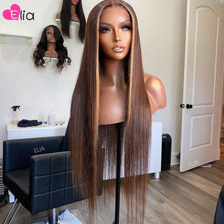 MID Length | 20-26 Inch | Highlights | 180 Density | Straight Hair | Chocolate Brown with Single Blonde Highlight Human Hair | - Elite Wigs