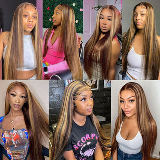 MID Length | 20-26 Inch | Highlights | 180 Density | Straight Hair | Dark Brown with Honey Blonde Human Hair | - Elite Wigs