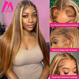 MID Length | 20-26 Inch | Highlights | 180 Density | Straight Hair | Dark Brown with Honey Blonde Human Hair | - Elite Wigs