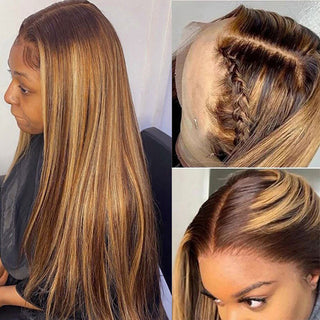 MID Length | 20-26 Inch | Highlights | 180 Density | Straight Hair | Dark Brown with Honey Blonde Human Hair | - Elite Wigs