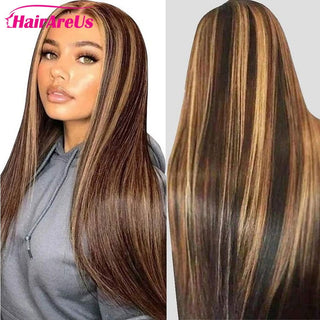 MID Length | 20-26 Inch | Highlights | 180 Density | Straight Hair | Dark Brown with Honey Blonde Human Hair | - Elite Wigs