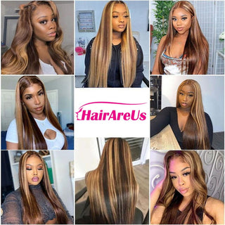 MID Length | 20-26 Inch | Highlights | 180 Density | Straight Hair | Dark Brown with Honey Blonde Human Hair | - Elite Wigs