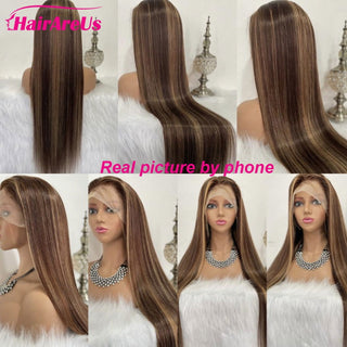 MID Length | 20-26 Inch | Highlights | 180 Density | Straight Hair | Dark Brown with Honey Blonde Human Hair | - Elite Wigs