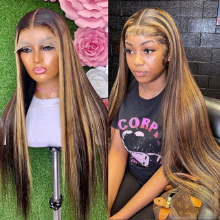 MID Length | 20-26 Inch | Highlights | 180 Density | Straight Hair | Dark Brown with Honey Blonde Human Hair | - Elite Wigs