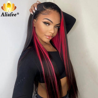 MID Length | 20-26 Inch | Highlights | T-Part | 180 Density | Straight Hair | Hot Ruby Pink & Black Human Hair | - Elite Wigs