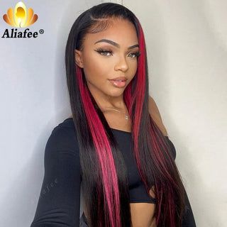 MID Length | 20-26 Inch | Highlights | T-Part | 180 Density | Straight Hair | Hot Ruby Pink & Black Human Hair | - Elite Wigs