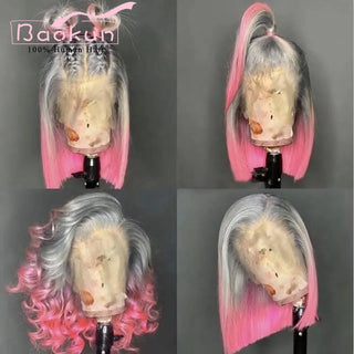 SHOULDER Length | 14-16 Inch | Ombre | 180 Density | Straight Hair | Silver to Pink Human Hair |