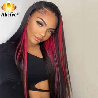 SHOULDER Length | 14-16 Inch | Highlights | T-Part | 180 Density | Straight Hair | Hot Ruby Pink & Black Human Hair |