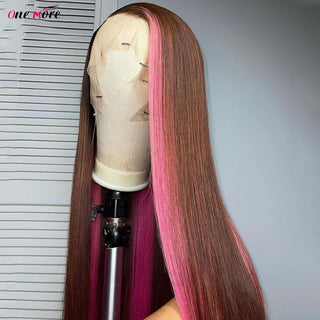 SHOULDER Length | 14-16 Inch | Highlights | T-Part | 180 Density | Straight Hair | Brown to Pink Human Hair |