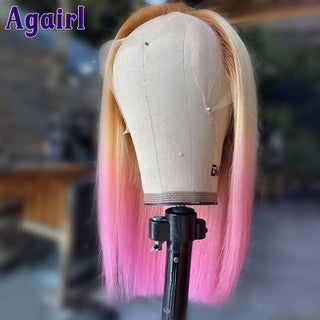 SHOULDER Length | 14-16 Inch | Ombre | 180 Density | Straight Hair | Bubblegum Pink & Dark to Light Blonde Roots Human Hair |