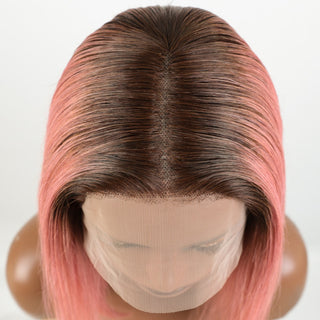 SHOULDER Length | 14 Inch | T-Part | Ombre | 180 Density | Straight Hair | Flamingo Pink & Brown Roots Human Hair |