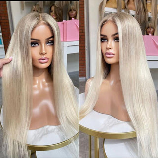 SHOULDER Length | 14-16 Inch | Light Brown Roots | Ombre | 180 Density | Straight Hair | Platinum Blonde Human Hair |