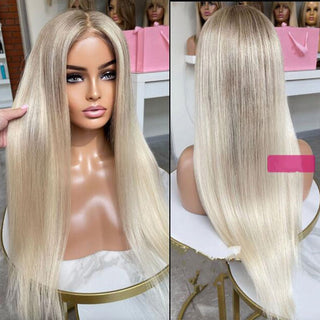 SHOULDER Length | 14-16 Inch | Light Brown Roots | Ombre | 180 Density | Straight Hair | Platinum Blonde Human Hair |