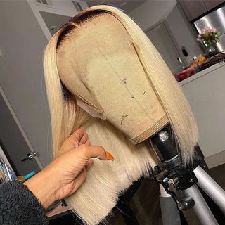 SHOULDER Length | 14-16 Inch | 360 Lace | Ponytail | Dark Roots | Ombre | 180 Density | Straight Hair | Golden Blonde Human Hair |