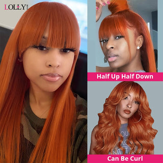 SHOULDER Length | 14-16 Inch | Glue-less | Wig with Bangs | 180 Density | Straight Hair | Copper Ash Ginger Human Hair |