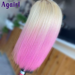 SHOULDER Length | 14-16 Inch | Ombre | 180 Density | Straight Hair | Bubblegum Pink & Dark to Light Blonde Roots Human Hair |