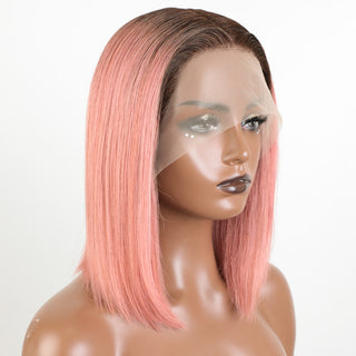 SHOULDER Length | 14 Inch | T-Part | Ombre | 180 Density | Straight Hair | Flamingo Pink & Brown Roots Human Hair |