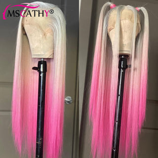 SHOULDER Length | 14-16 Inch | Ombre | 180 Density | Straight Hair | Light Grey to Pink Human Hair |