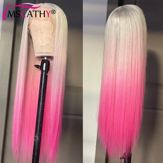 SHOULDER Length | 14-16 Inch | T-Part | Ombre | 180 Density | Straight Hair | Light Grey to Pink Human Hair |