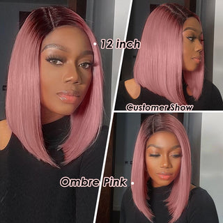 SHOULDER Length | 14-16 Inch | Ombre | Black Roots | T-Part | 180 Density | Straight Hair | Rose Gold Pink Human Hair |