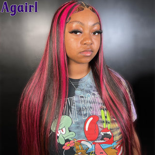 SHOULDER Length | 14-16 Inch | Full Highlights | T-Part | 180 Density | Straight Hair | Hot Ruby Pink & Black Human Hair |