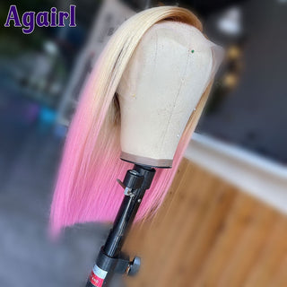 SHOULDER Length | 14-16 Inch | Ombre | 180 Density | Straight Hair | Bubblegum Pink & Dark to Light Blonde Roots Human Hair |