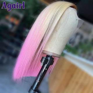 SHOULDER Length | 14-16 Inch | Ombre | 250 Density | Straight Hair | Bubblegum Pink & Dark to Light Blonde Roots Human Hair |