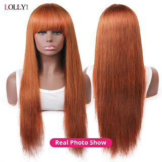 SHOULDER Length | 14-16 Inch | Glue-less | Wig with Bangs | 250 Density | Straight Hair | Copper Ash Ginger Human Hair |